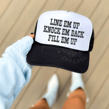 Line Em Up, Knock Em Back Country Trucker Hat - Sunlit Funlit Country Music Tees